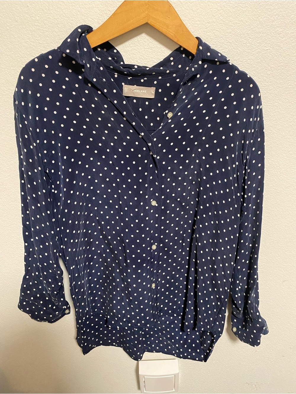 Everlane Navy Polka Dot Long Sleeve Button-Down Blouse Size Small